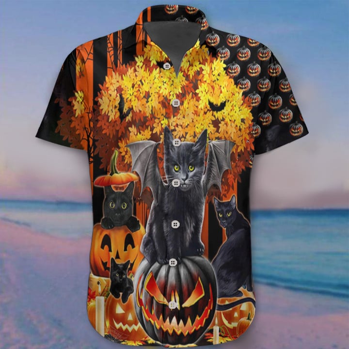 Black Cat Happy Halloween Hawaii Shirt Couple Halloween Shirts Best Gifts For Uncle