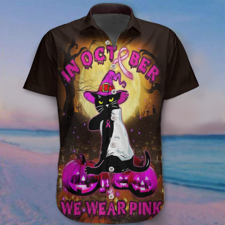 In October We Wear Pink Halloween Hawaii Shirt Breast Cancer Awareness Black Cat Shirts For Men
