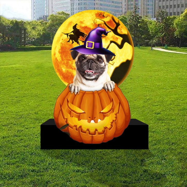 Pug In Pumpkin And Halloween Moon Metal Yard Sign Pug Lover Halloween Yard Displays