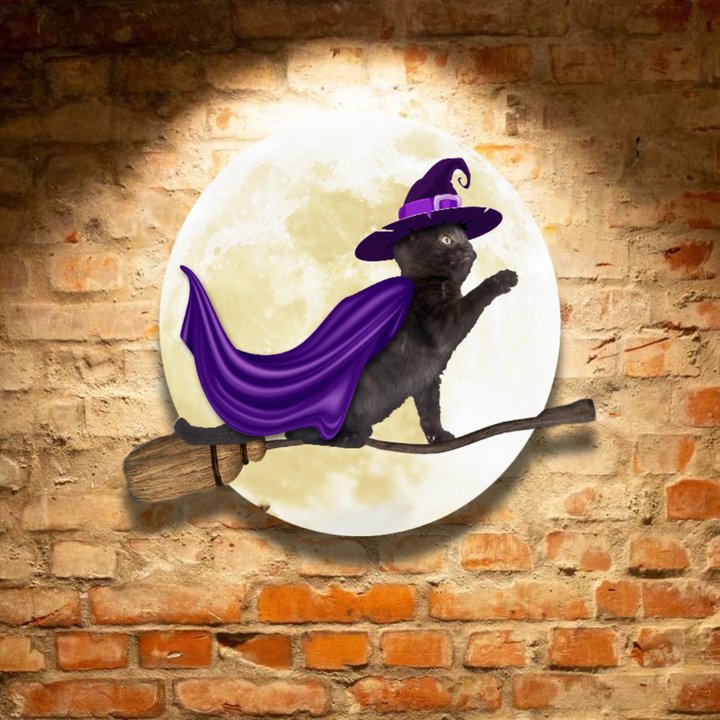 Black Cat Witch Metal Sign Happy Halloween Funny Wall Hanging Gifts For Cat Lovers