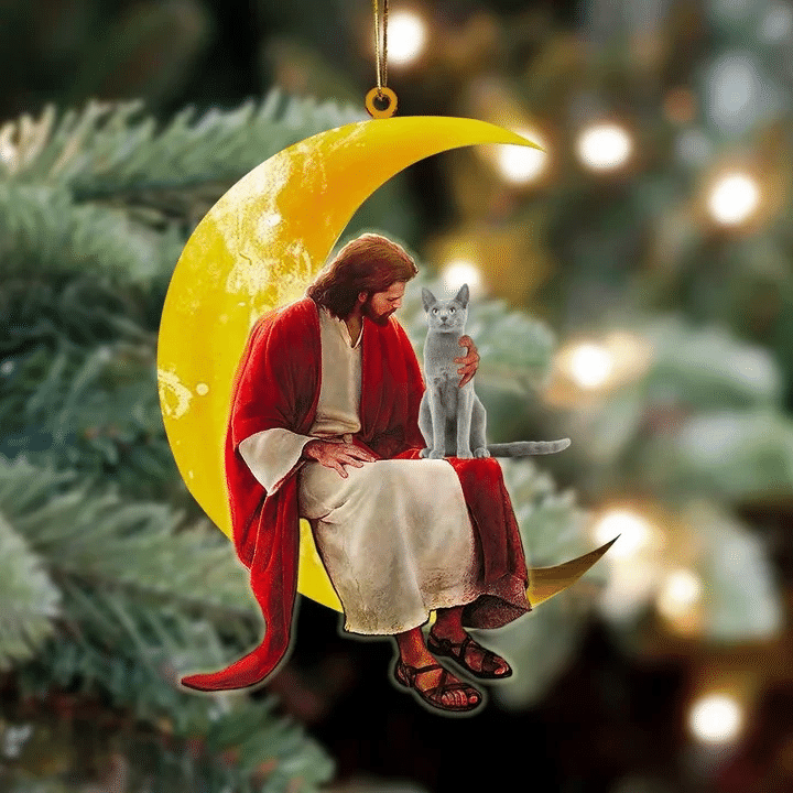 Russian Blue And Jesus Sitting On The Moon Hanging Acrylic Ornament for Dog Lovers