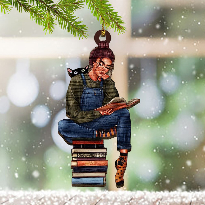 Book Lover Girl And Cat Ornament Book Lover Christmas Ornament Xmas Tree Decor