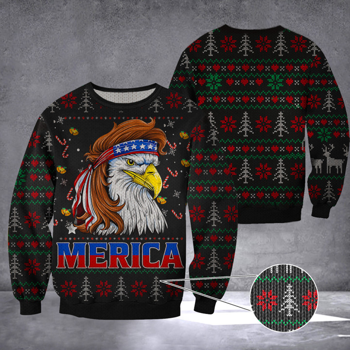 Merica Eagle Mullet American Ugly Christmas Sweater 4th Of July Patriotic Apparel Gift