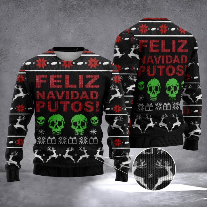 Skull Feliz Navidad Putos Ugly Christmas Sweater Reindeer Mens Xmas Sweater Gifts