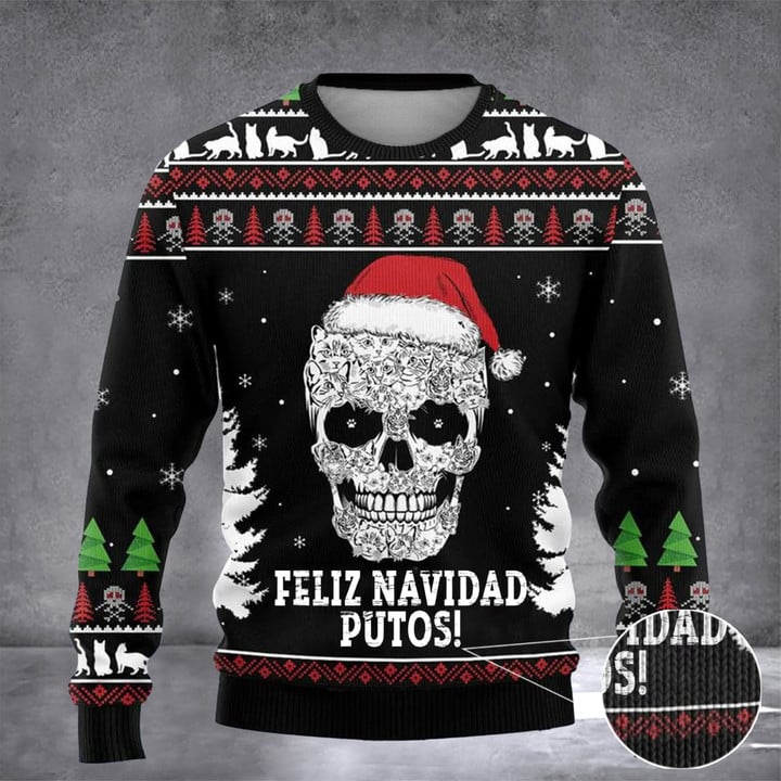 Feliz Navidad Putos Ugly Christmas Sweater Skull Santa Feliz Navidad Sweater Funny Gift
