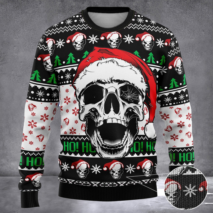 Skull Ugly Christmas Sweater Skull Wearing Santa Hat Ho Ho Ho Clothing Funny Gifts For Him