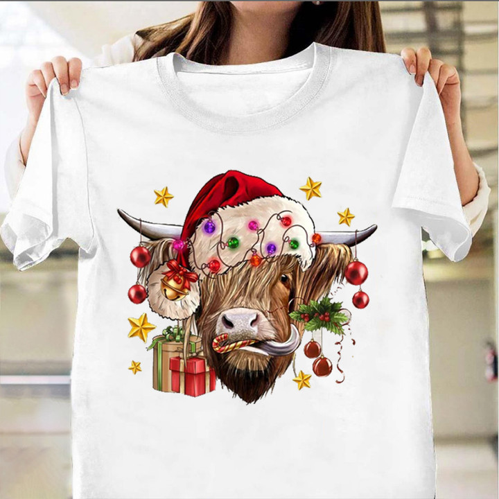 Highland Cow Christmas Shirt Cow Lover Funny Animal T-Shirt Gifts For Xmas