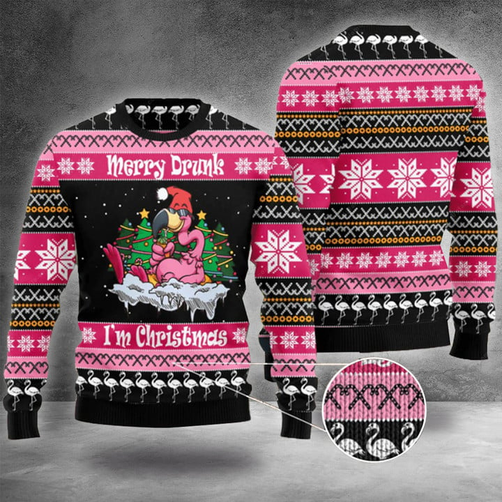 Flamingo Ugly Christmas Sweater Pink Flamingo Christmas Sweater Merry Drunk I'm Christmas