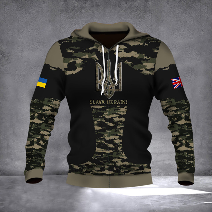 UK Stand With Ukraine Slava Ukraini Camo Zipper Hoodie British Pray For Ukraine Clothes Gift