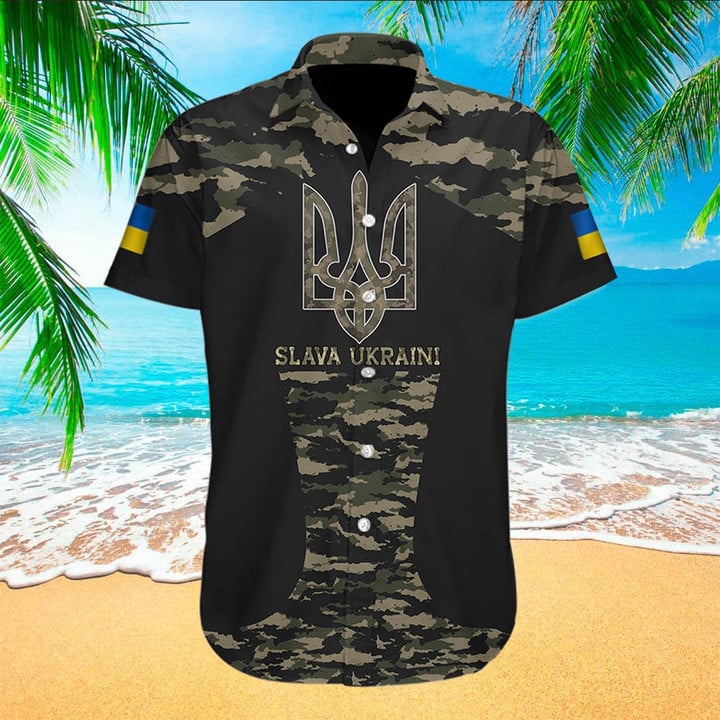 Slava Ukraini Camo Hawaiian Shirt Support Ukraine Camouflage Button Up Shirt