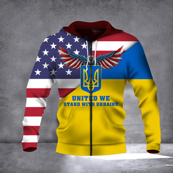 Ukraine With American Flag Zipper Hoodie Support Ukrainian Anti Futin Merch