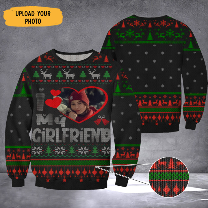 Custom Photo I Heart My Girlfriend Ugly Christmas Sweater Matching Sweaters For Couples