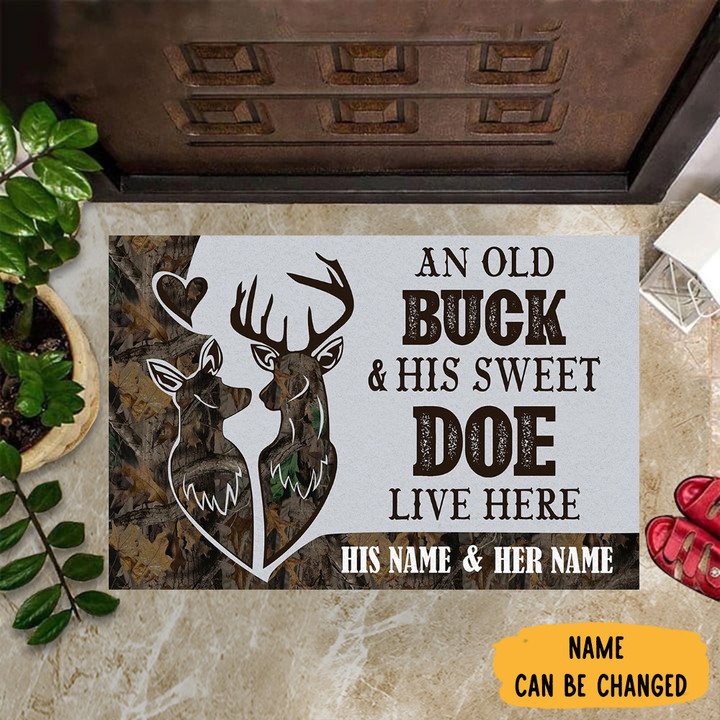 Personalized Deer Hunting An Old Buck & His Sweet Doe Live Here Doormat Family Home Decor