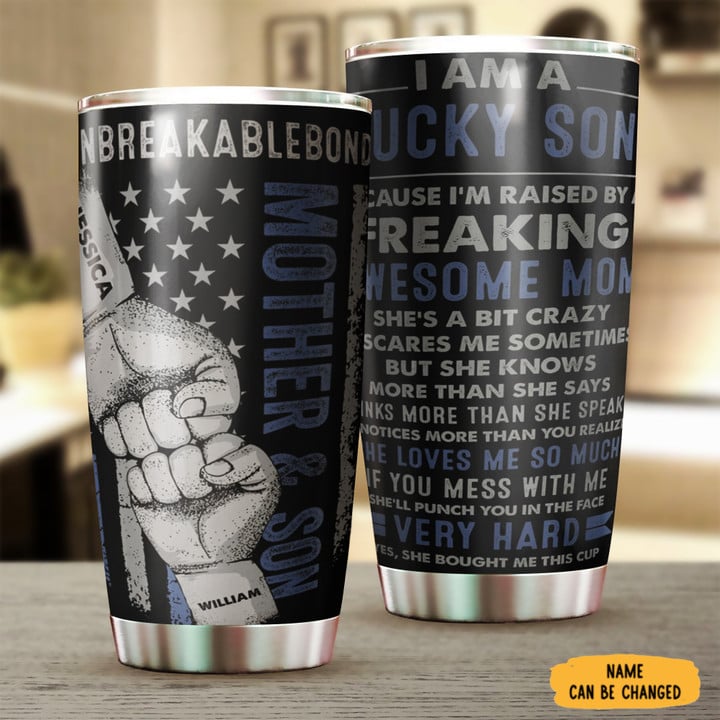 Custom Mother And Son Lucky So Because I'M Raised By A Freaking Awesome Mom Tumbler Son Gifts