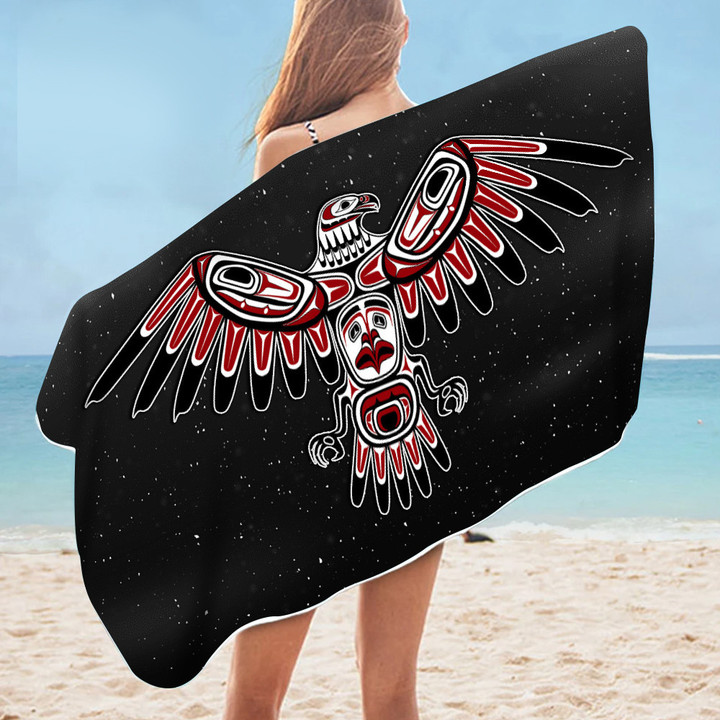 Eagle Pacific Northwest Rectangle Beach Towel Haida Art Symbolism Merch Womens