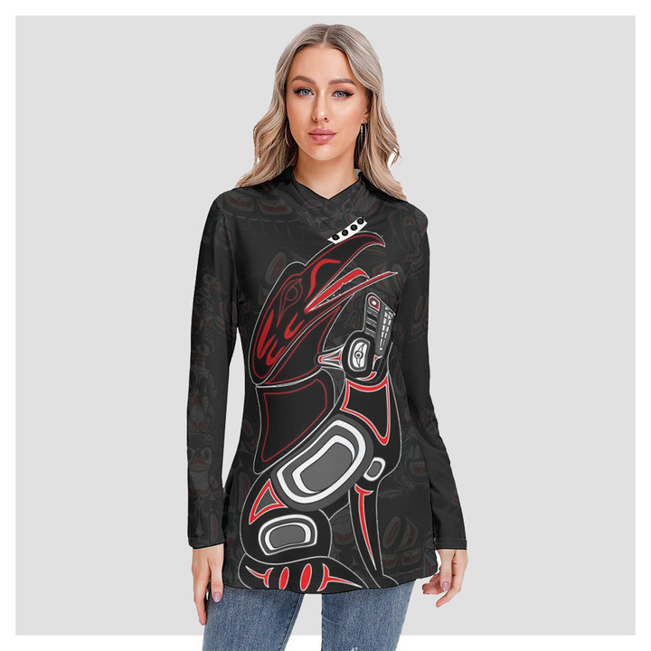 Raven And Wolf Haida Art Women's Long-Sleeved Heap-Neck Slim Casual Tunic Blouse Women Clothes