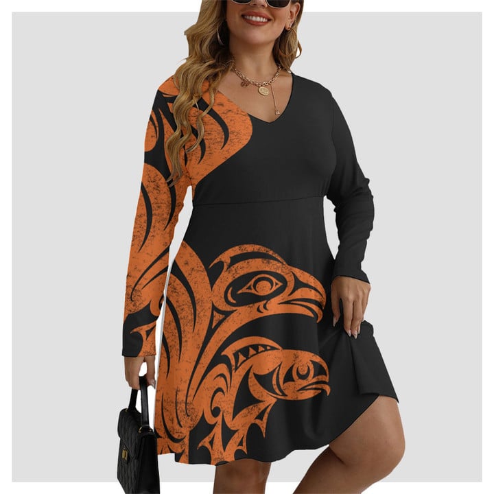 Haida Art Symbolism Women's V-Neck Long Sleeve Dress Native American Clothing For Women