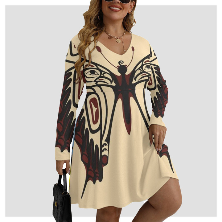 Butterfly Pacific Northwest Style Women's V-neck Long Sleeve Dress Ladies Clothes