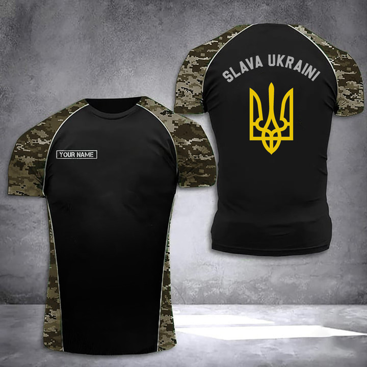 Personalized Slava Ukraini Shirt Ukraine Trident Symbol Stand With Ukrainian Camo T-Shirt Gift