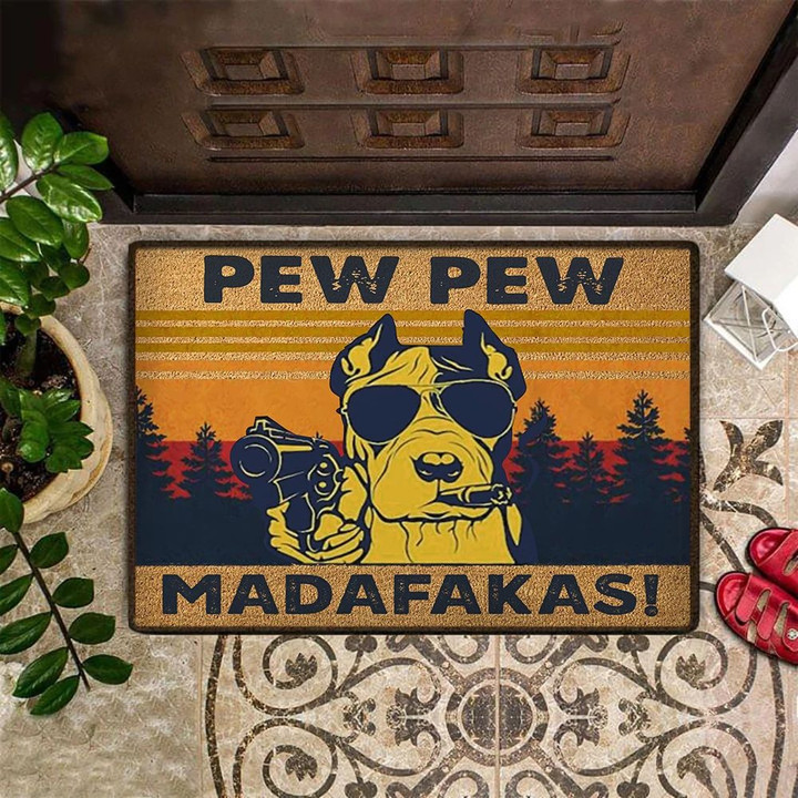 Pitbull With Gun Pew Pew Madafakas Doormat Vintage Welcome Funny Front Door Mat Outdoor