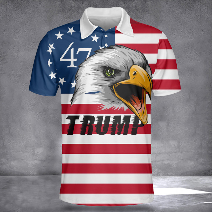 Trump 47 Eagle American Flag Polo Shirt Patriotic Vote Donald Trump 2024 President Apparel