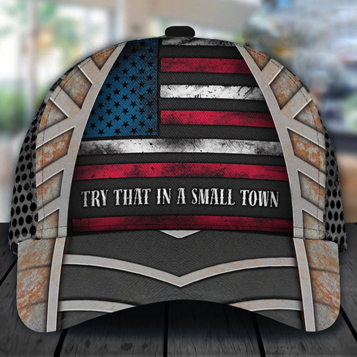 Try That In A Small Town Hat With Old American Flag Right To Bear Arms Gifts For Music Lovers