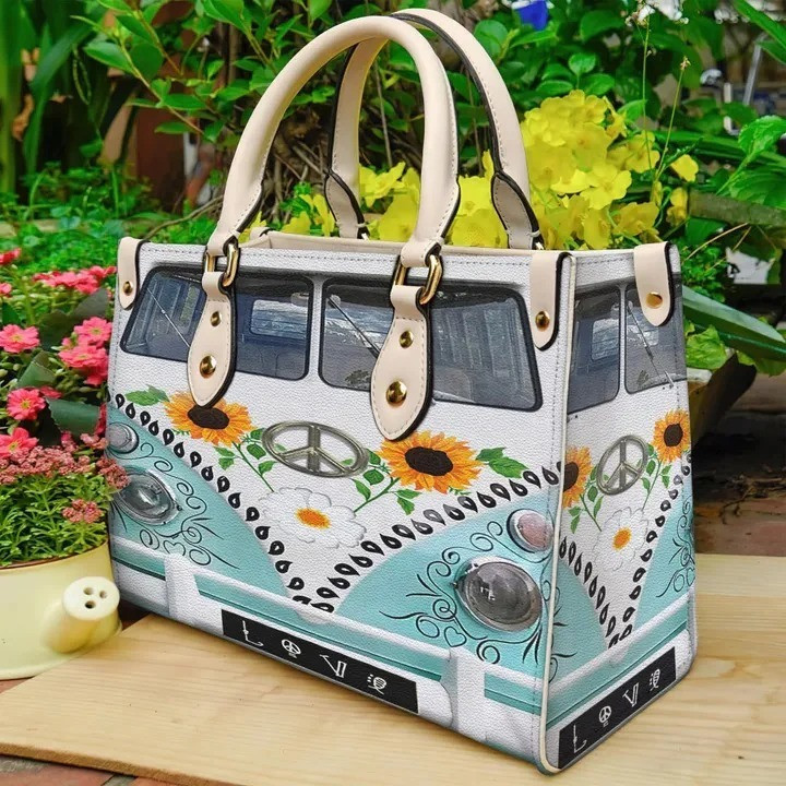 Hippie Leather HandBag For Women Hippie Car Print Christmas Gifts For Her 2023