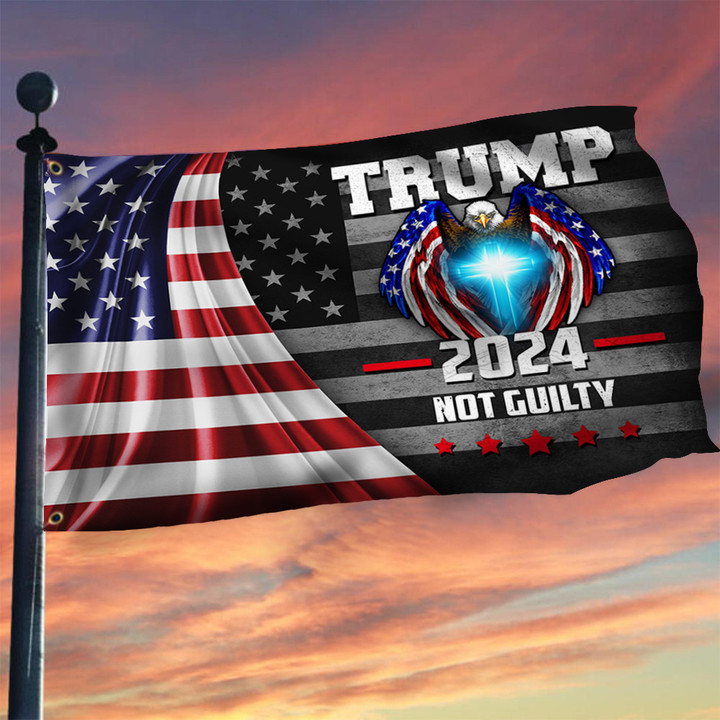 Trump 2024 Not Guilty Flag American Eagle With Cross Trump Campaign Never Surrender Merch