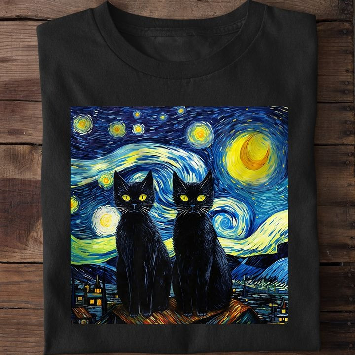 Two Black Cats Starry Night Shirt Van Gogh Themed Black Cat Christmas Gifts