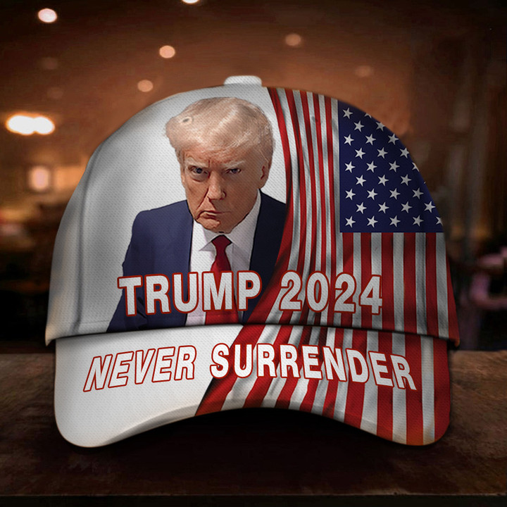 Trump 2024 Never Surrender Hat White Donald Trump Mug Shot Merch American Flag Hats