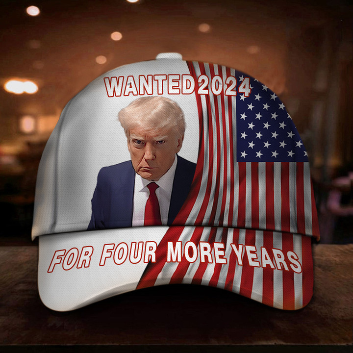 Wanted 2024 For Four More Years Hat White Trump Mugshot Merch USA Flag Hats For Trump Lovers