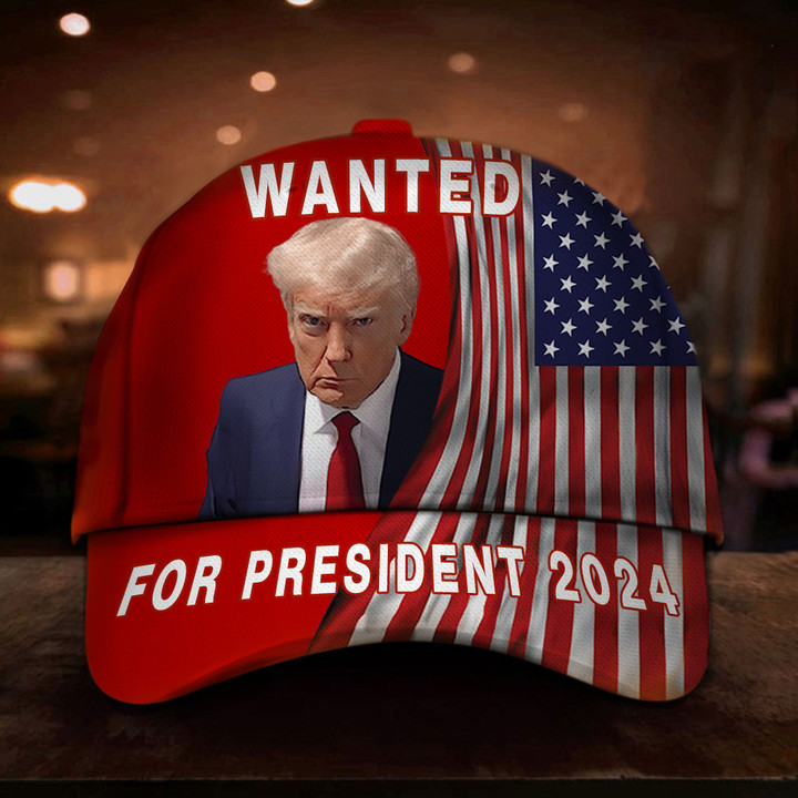 Wanted For President 2024 Hat Red Trump Mugshot Merch American Flag Hats For MAGA Supporters