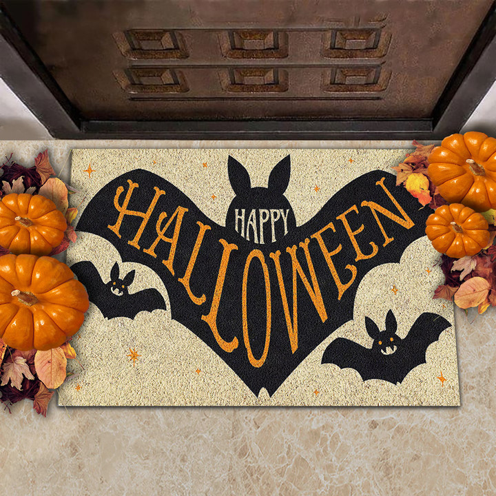 Black Bat Happy Halloween Coir Doormat Entryway Floor Mats Spooky Home Decor