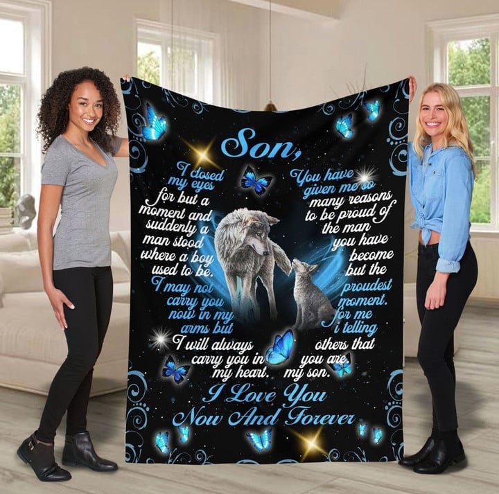 Wolf Butterfly Son I Love You Now And Forever Fleece Blanket Memorial Gifts For Loss Of Son