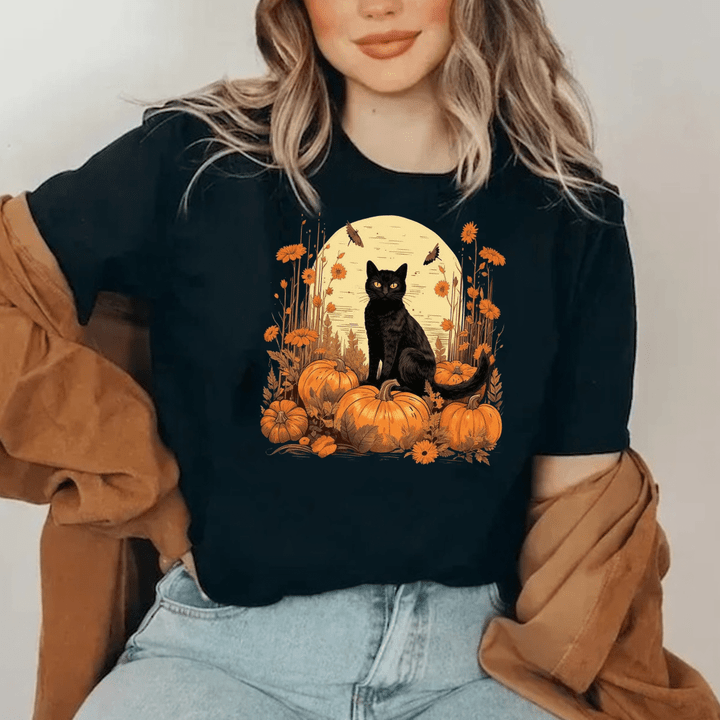 Fall Cat Shirt Black Happy Halloween T-Shirt Gifts For Black Cat Lovers