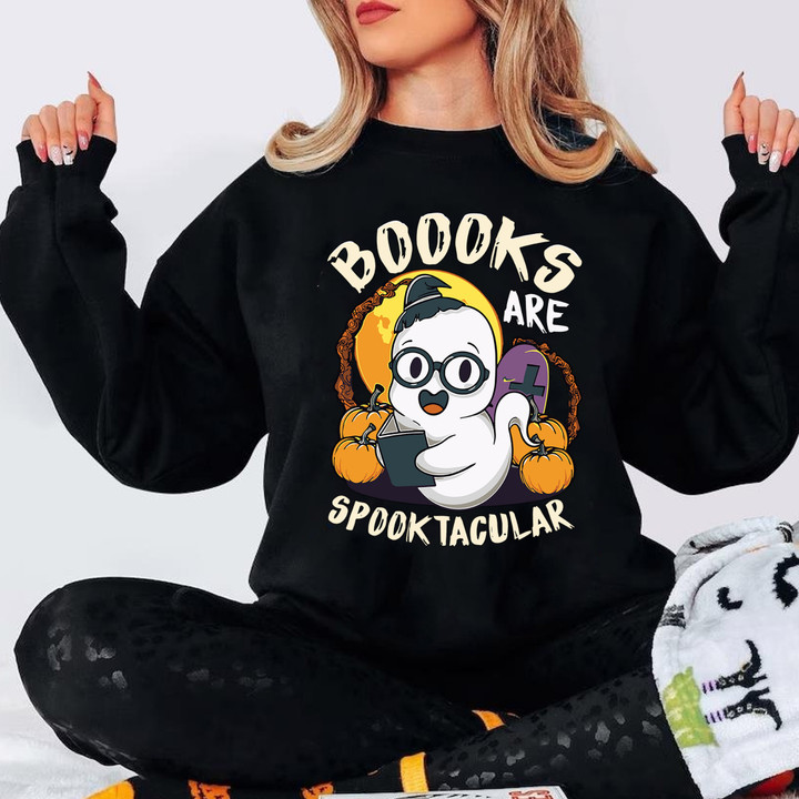 Ghost Reading Books Are Spooktacular Sweatshirt Black Mens Halloween Clothes Gift For Nerds