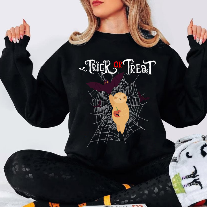 Sloth And Bat Trick Or Treat Sweatshirt Black Cute Halloween Clothing Gifts For Brother