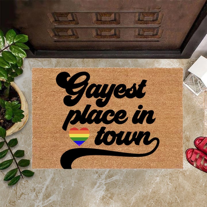 Gayest Place In Town Doormat Rainbow LGBT Gay Pride Merch Welcome Mat Pride Gifts
