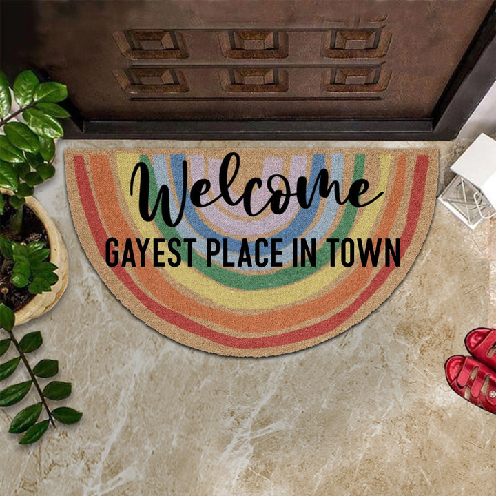 Gayest Place In Town Doormat Half Circle LGBT Pride Gayest Place In Town Welcome Mat