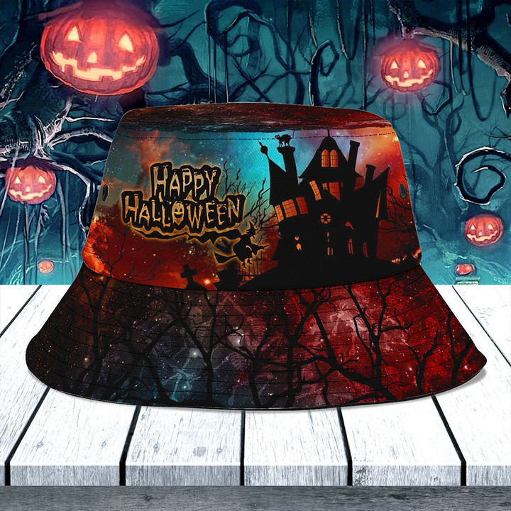 Happy Halloween Bucket Hat Haunted House Halloween Themed Gifts For Adults