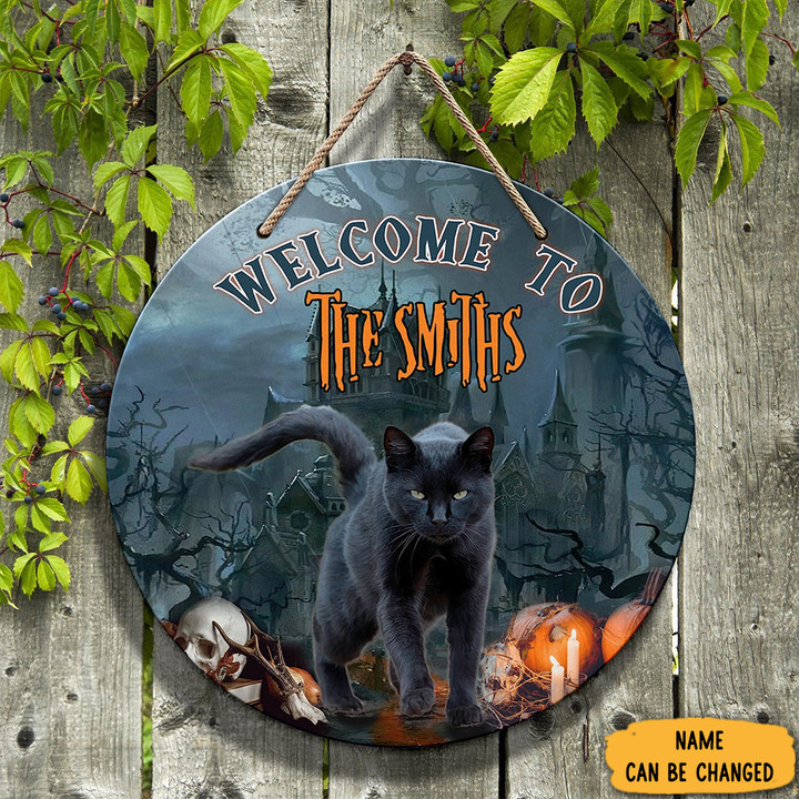 Personalized Black Cat Welcome Halloween Wooden Sign Decor Halloween Door Hanger Ideas