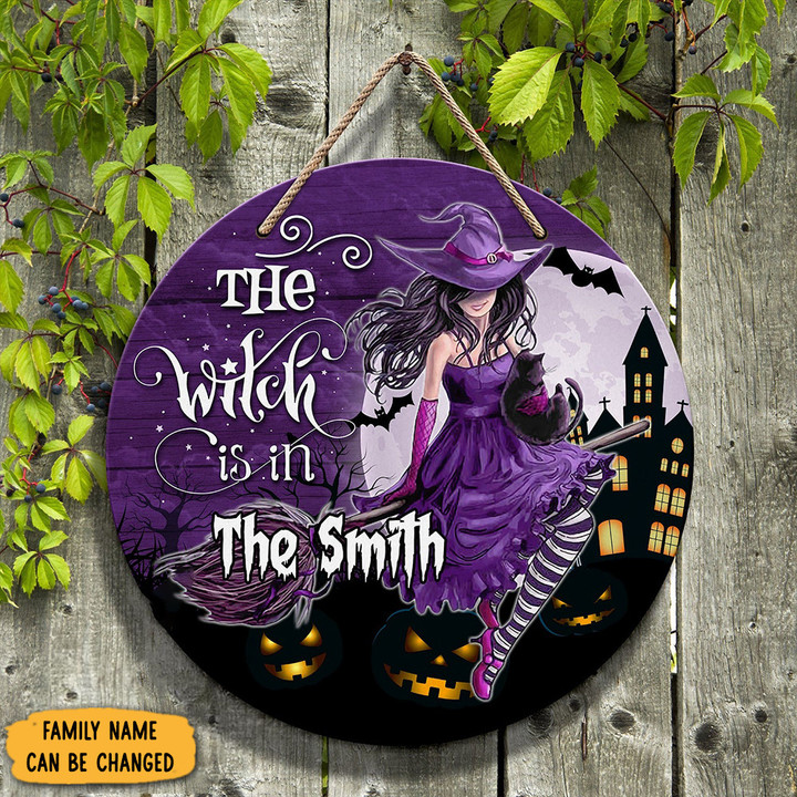 Personalized The Witch Is In Halloween Wooden Sign Wood Round Sign Halloween Door Decor