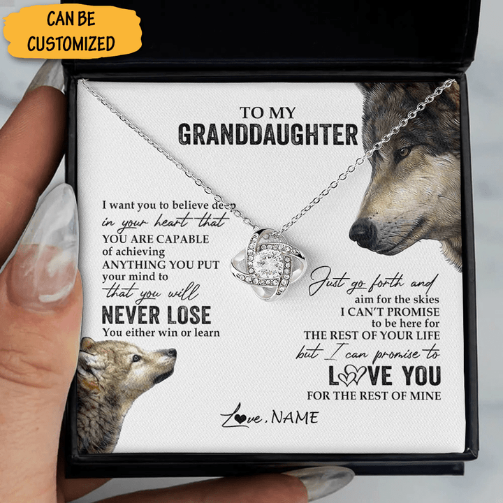 Custom Wolf To My Granddaughter Necklace Silver Love Knot Necklace Keepsake Jewelry For Granddaughter