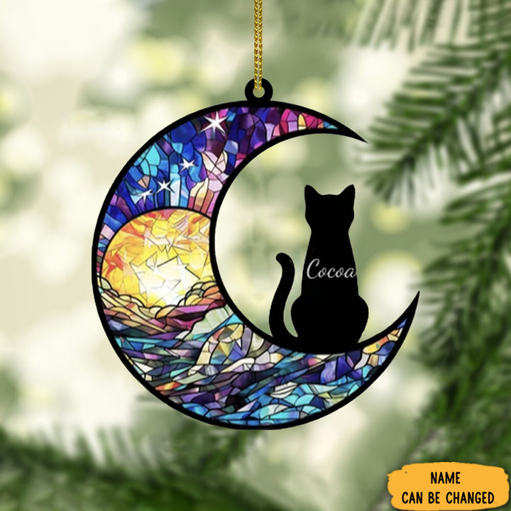 Personalized Black Cat On Half Moon Ornament Christmas Tree Ornaments Decor Gifts