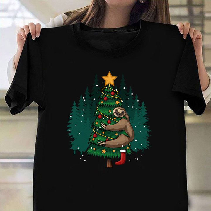 Sloth Hugging Tree Merry Christmas Shirt Sloth Lovers Funny Xmas T-Shirt Gifts For Friends