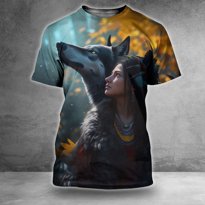 Native Canada Wolf And Girl T-Shirt Native Design Clothing Gifts For Him