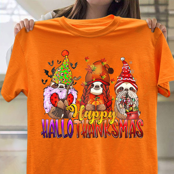 Sloth Happy Hallothanksmas Shirt Halloween Thanksgiving Christmas Gifts For Sloth Lovers