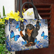 Dachshund Blue Butterfly Leather Bag