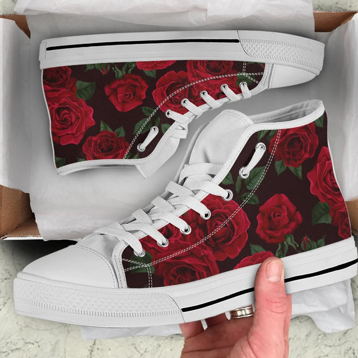 Red Roses Floral Flowers High Top Shoes