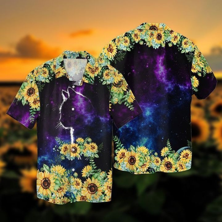 Galaxy Cat With Sunflowers For Men And Women Graphic Print Short Sleeve Hawaiian Casual Shirt